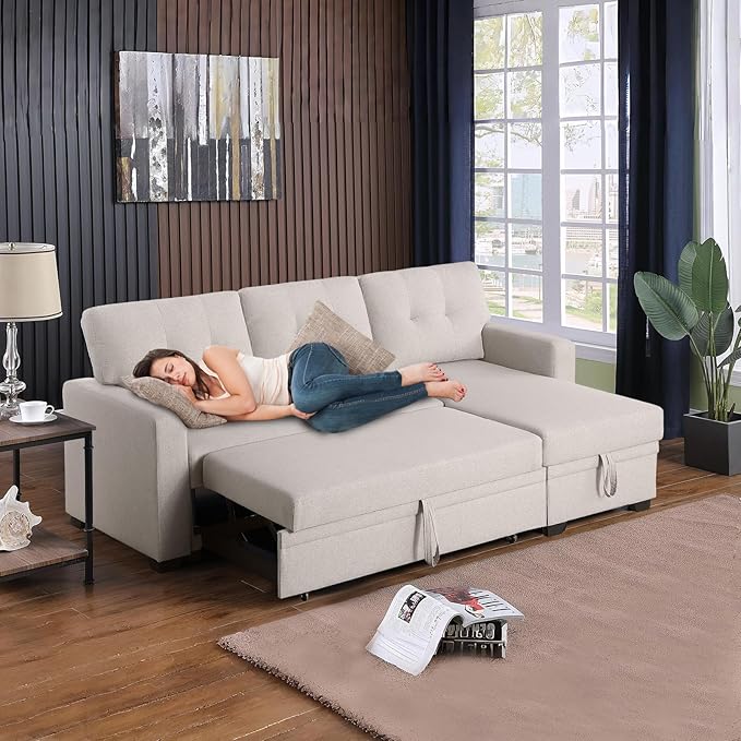 L Shape Sleeper Sofa Bed with Storage, Large Full Size Pull Out Sectional Couch, Futon Chaise Lounge Recliner for Living Room, Apartment, Bedroom, Office, Beige - LeafyLoom