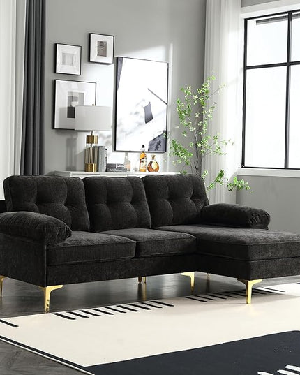 L Shaped Convertible Sleeper Sectional Sofa with Reversible Chaise, 3 Seater Corner Couch Bed with Detachable Pillow Armrest and Golden Metal Legs for Living Room Apartment Small Space - LeafyLoom