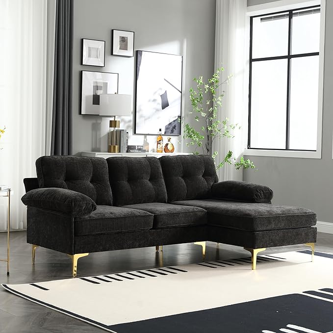 L Shaped Convertible Sleeper Sectional Sofa with Reversible Chaise, 3 Seater Corner Couch Bed with Detachable Pillow Armrest and Golden Metal Legs for Living Room Apartment Small Space - LeafyLoom