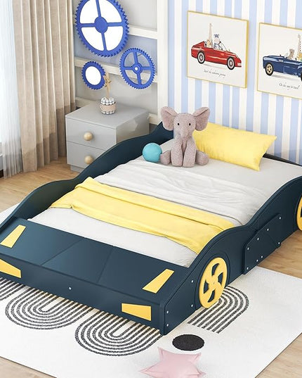 Full Size Bed Frame for Kids, Race Car-Shaped Wooden Platform Bed with Guardrail and Storage Space, Wheels and Support Slats, for Boys Girls Child's Bedroom, No Spring Need (Dark Blue) - LeafyLoom