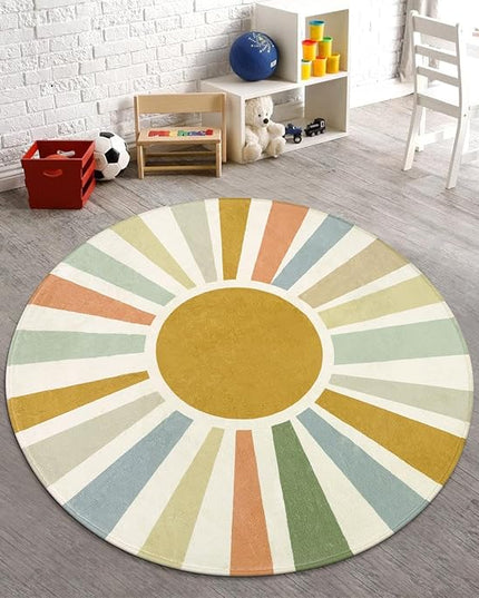 Boho Washable Rug 5 Ft Round Area Rug for Bedroom, Rainbow Circle Kids Rug for Office, Non-Slip Circluar Carpet Soft Sunshine Rug for Dorm Nursery Sofa Living Room Corner - LeafyLoom
