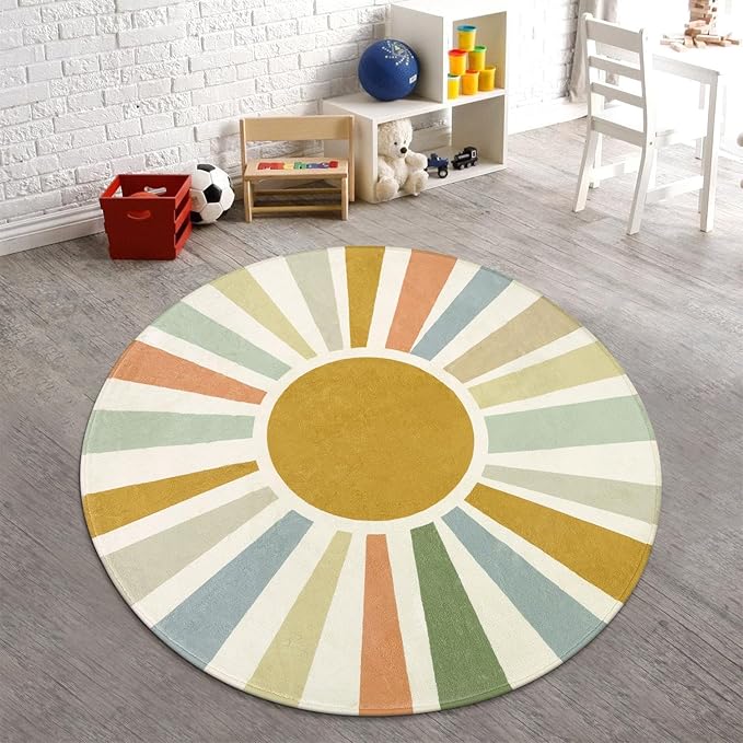 Boho Washable Rug 5 Ft Round Area Rug for Bedroom, Rainbow Circle Kids Rug for Office, Non-Slip Circluar Carpet Soft Sunshine Rug for Dorm Nursery Sofa Living Room Corner - LeafyLoom