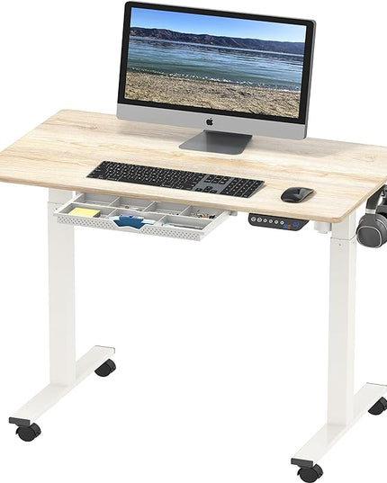 SHW Electric Height Adjustable Mobile Rolling Standing Desk Workstation, 40 x 24 Inches, Maple - LeafyLoom