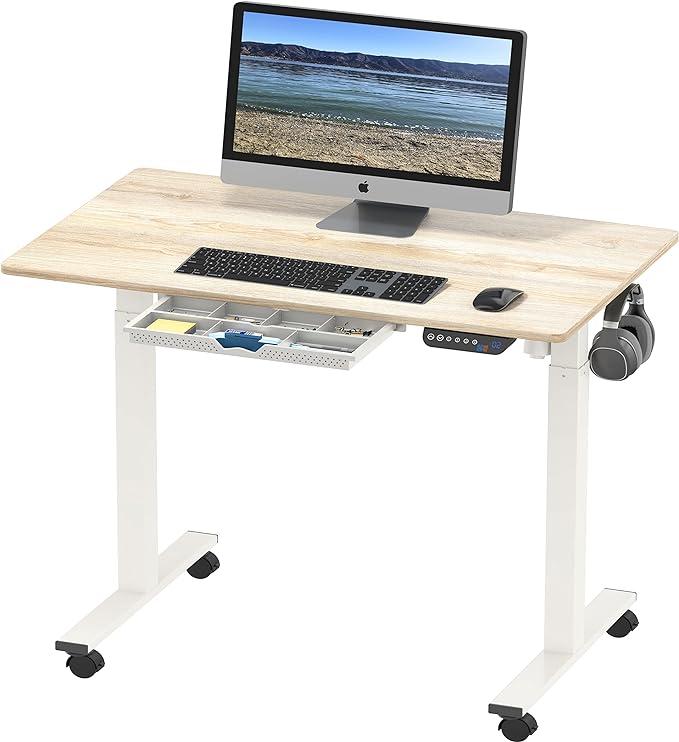 SHW Electric Height Adjustable Mobile Rolling Standing Desk Workstation, 40 x 24 Inches, Maple - LeafyLoom