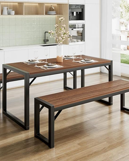 SHA CERLIN 3-Piece Dining Table Set with 2 Benches, Rustic Kitchen Table Set for 4-6, Space-Saving Dinette, Sturdy Structure, Easy Assemble, Walnut/Black - LeafyLoom