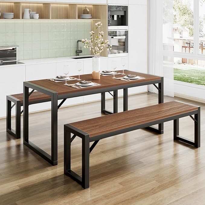 SHA CERLIN 3-Piece Dining Table Set with 2 Benches, Rustic Kitchen Table Set for 4-6, Space-Saving Dinette, Sturdy Structure, Easy Assemble, Walnut/Black - LeafyLoom
