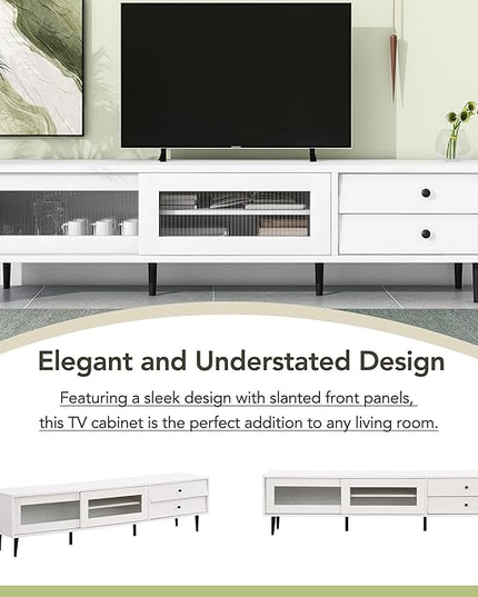 TV Stand, 71 Inch Media Console with Sliding Fluted Glass Doors, Slanted Drawers for TVs Up to 75 Inch, Modern Elegant TV Cabinet with Ample Storage Space for Living Room, White - LeafyLoom
