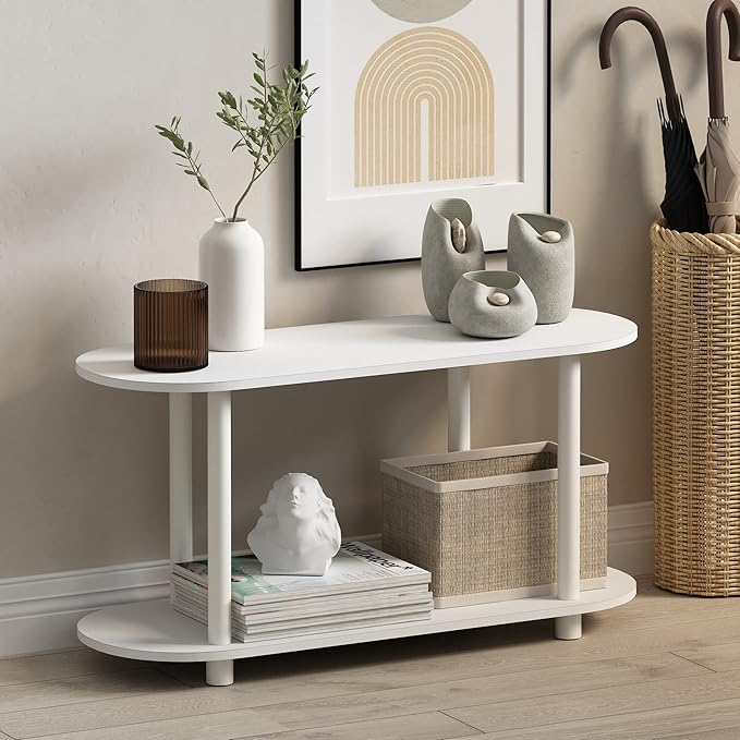Furinno Turn-N-Tube No Tools Modern Oval Side Table, White/Virgin White - LeafyLoom