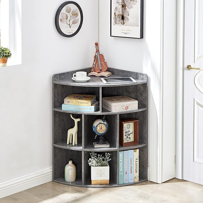 VECELO 3-Tier Corner Cabinet,Wooden Cube Storage Organizer with 8 Cubbies, Modern Bookshelf Units for Playroom, Bedroom, Living Room, Grey - LeafyLoom