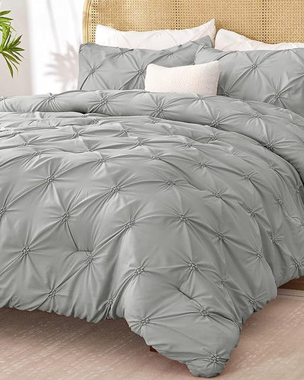 BEDELITE Grey King Size Comforter Set - 3 Pieces Boho Pintuck Bedding Comforter Sets, Lightweight Soft & Warm King Bedding Set with 2 Pillowcases for All Season - LeafyLoom
