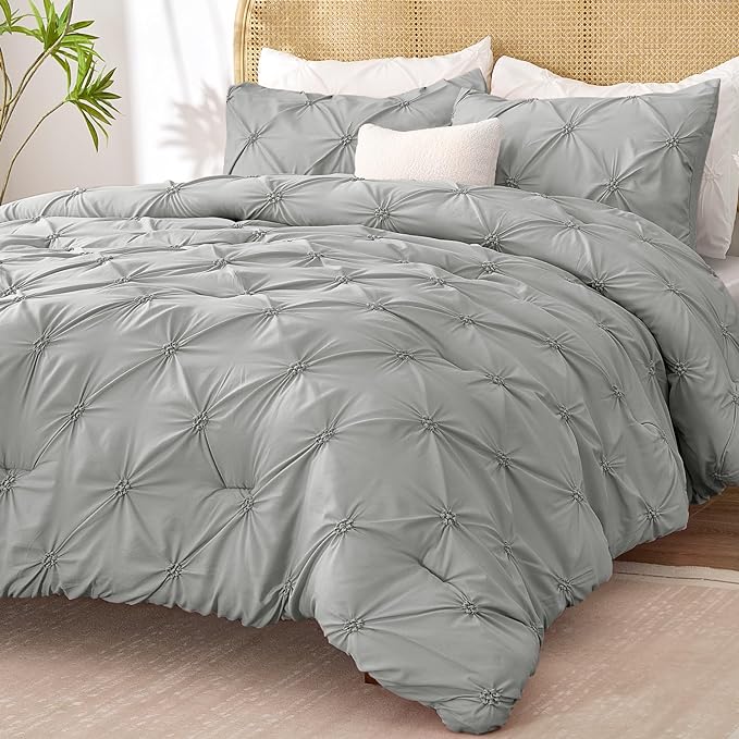 BEDELITE Grey King Size Comforter Set - 3 Pieces Boho Pintuck Bedding Comforter Sets, Lightweight Soft & Warm King Bedding Set with 2 Pillowcases for All Season - LeafyLoom