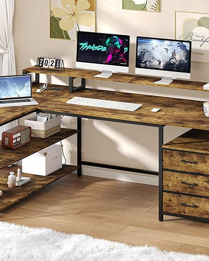 L Shaped Desk with 3 Drawer & 3 Open Shelf, Computer Desk with LED Lights & Power Outlets, Home Office Desk with Reversible Storage Shelves & Monitor Stand, Corner Desk for Small Space - LeafyLoom