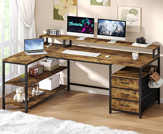 L Shaped Desk with 3 Drawer & 3 Open Shelf, Computer Desk with LED Lights & Power Outlets, Home Office Desk with Reversible Storage Shelves & Monitor Stand, Corner Desk for Small Space - LeafyLoom