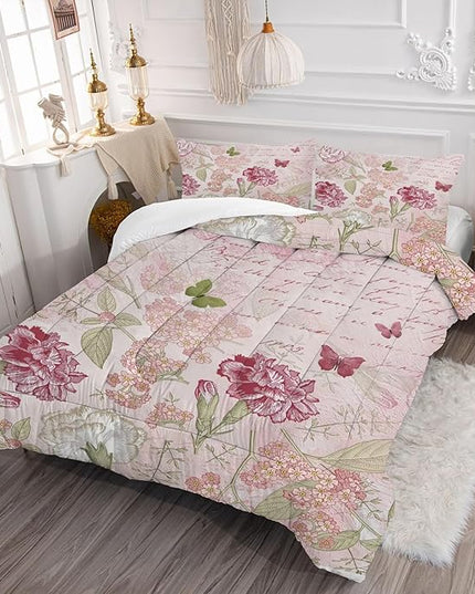 kxry Pink Flower Comforter Sets Butterfly Bedding Sets King Size Comforter Set for Girls Women Kids 1 Comforter + 2 Pillow Case - LeafyLoom