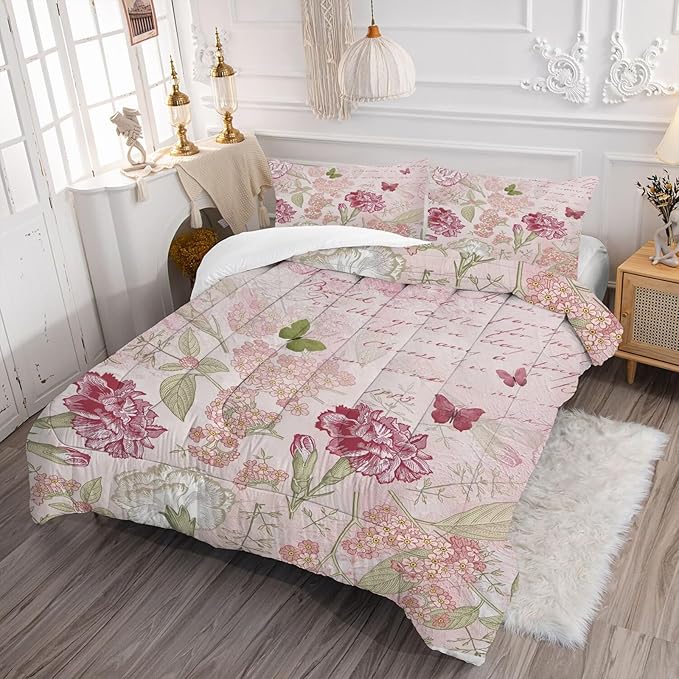 kxry Pink Flower Comforter Sets Butterfly Bedding Sets King Size Comforter Set for Girls Women Kids 1 Comforter + 2 Pillow Case - LeafyLoom