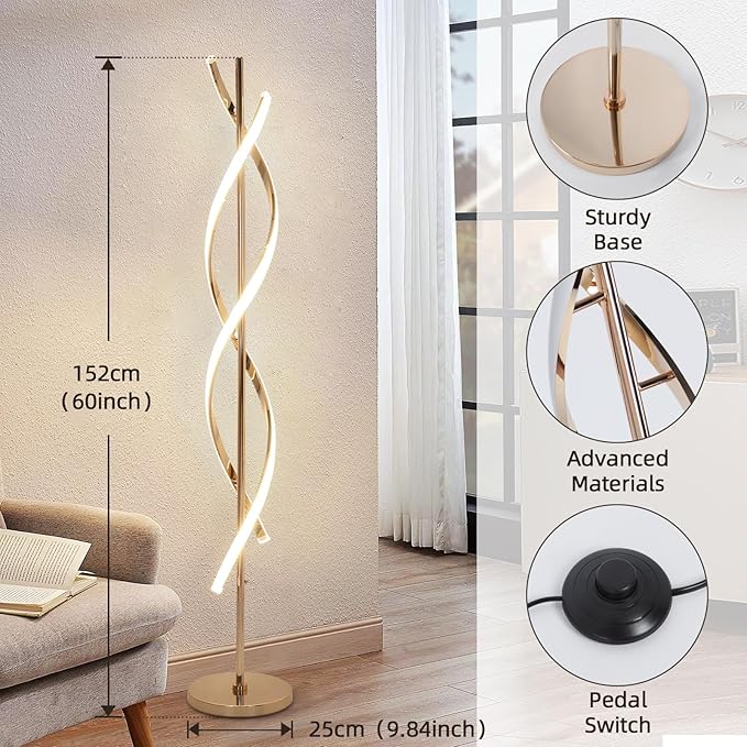 ADISUN 40W LED Floor Lamp Remote Control Dimmable Spiral Floor Lamp Indoor Tall Lamp Floor Lamp for Living Rooms Family Rooms Bedrooms Offices Lighting (Gold) - LeafyLoom