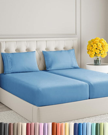 Split King Size 5 Piece Sheet Set - Comfy Breathable & Cooling Sheets - Hotel Luxury Bed Sheets for Women & Men - Deep Pockets, Easy-Fit, Soft & Wrinkle Free Sheets - Denim Blue Oeko-Tex Bed Sheet Set - LeafyLoom