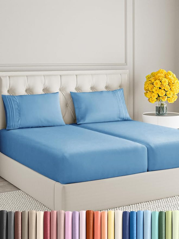 Split King Size 5 Piece Sheet Set - Comfy Breathable & Cooling Sheets - Hotel Luxury Bed Sheets for Women & Men - Deep Pockets, Easy-Fit, Soft & Wrinkle Free Sheets - Denim Blue Oeko-Tex Bed Sheet Set - LeafyLoom