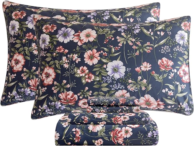 QSH Floral Queen Size Sheet Sets - 100% Egyptian Cotton Sheets Elegant Navy Flower Pattern Printed Bedding Sheets Queen Size Bed Extra Soft and Breathable 4pcs Deep Pockets Bed Sheets - LeafyLoom