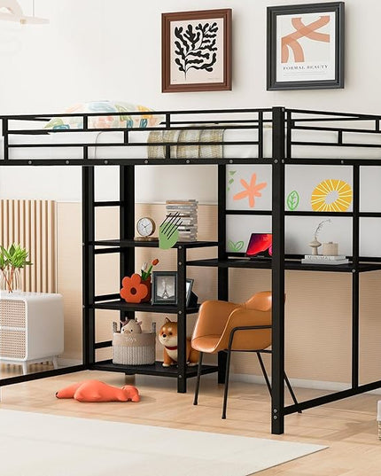 RITSU Full Size Loft Bed, Heavy Duty Metal Bunk Bedframe with Desk and Whiteboard, Safety Guardrail Fence & Ladder, 3 Big Storage Shelves, for Kids, Teens, Black - LeafyLoom