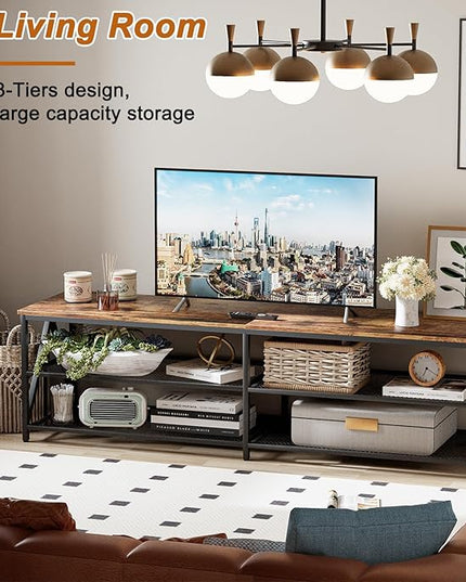 TV Stand for TV up to 75 Inch, Long 70" TV Cabinet with 3-Tier Storage Shelves,Entertainment Center TV Console Table for Living Room with Industrial TV Metal Frame, Rustic Brown - LeafyLoom