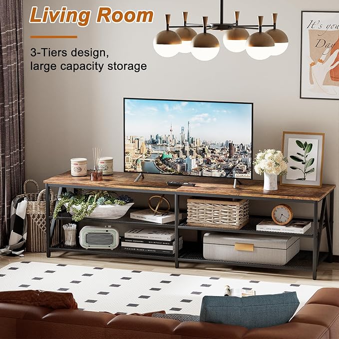 TV Stand for TV up to 75 Inch, Long 70" TV Cabinet with 3-Tier Storage Shelves,Entertainment Center TV Console Table for Living Room with Industrial TV Metal Frame, Rustic Brown - LeafyLoom