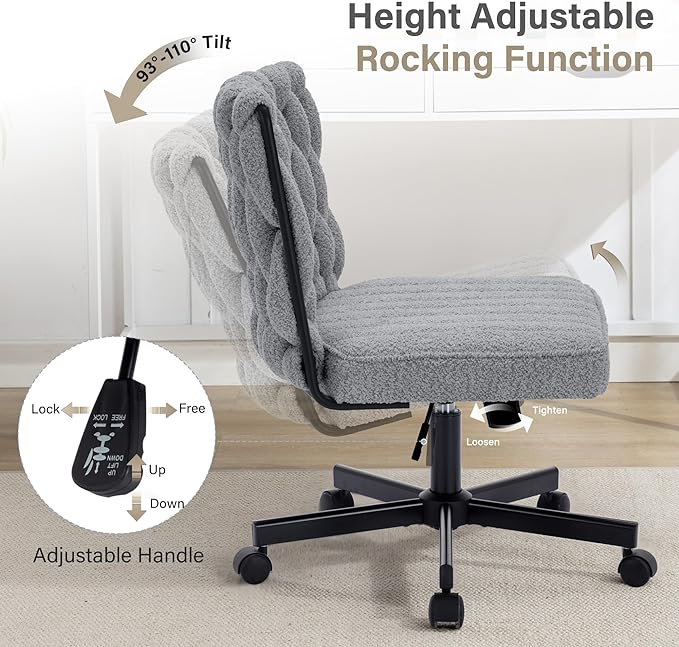 Criss Cross Legged Office Desk Chair with Wheels, Modern Armless Desk Chair with Wide Seat, Home Office Chair for Work, Meditation, Vanity, Grey - LeafyLoom
