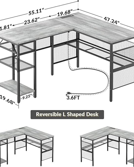Unikito L Shaped Corner Computer Desk with USB Charging Port and Power Outlet, Storage Shelves, Reversible, Industrial 2 Person Gaming Table Modern Home Office Desks, White Oak - LeafyLoom