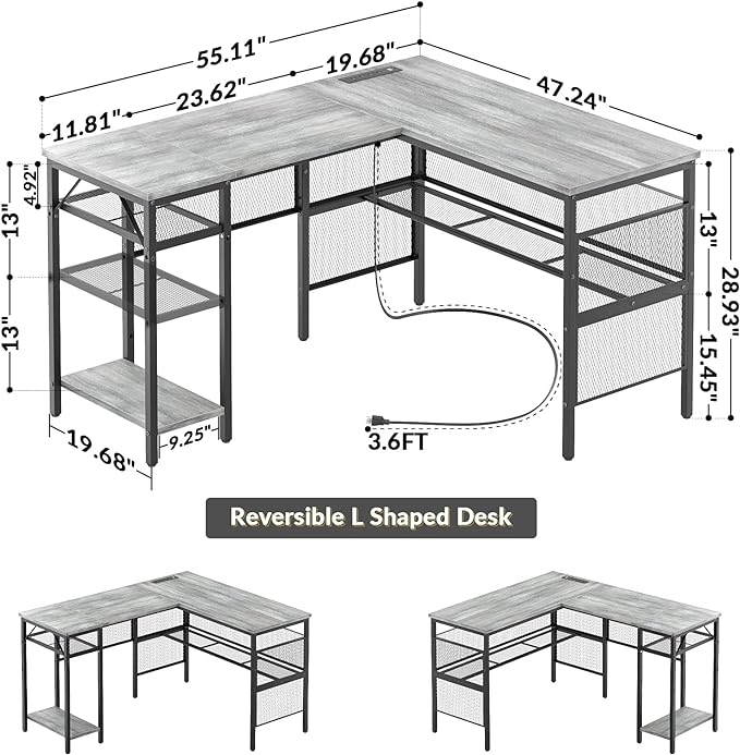 Unikito L Shaped Corner Computer Desk with USB Charging Port and Power Outlet, Storage Shelves, Reversible, Industrial 2 Person Gaming Table Modern Home Office Desks, White Oak - LeafyLoom
