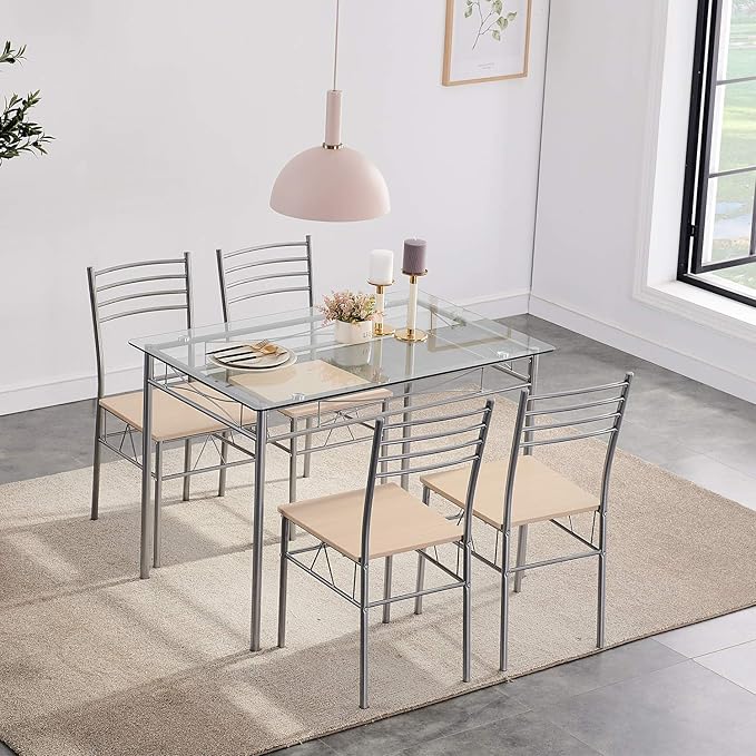 VECELO Kitchen Dining Room Table and Chairs 4, 5-Piece Dinette Sets, Space Saving (Silver), 43.3" - LeafyLoom