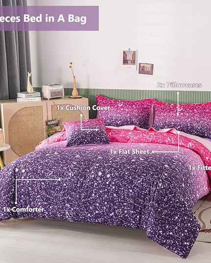PERFEMET Purple Glitter Comforter Set Twin Size 6 Pieces Bed in A Bag for Teen Girls 3D Colorful Rainbow Bedding Comforter Sheet Set Ultra Soft Galaxy Quilted Duvet - LeafyLoom