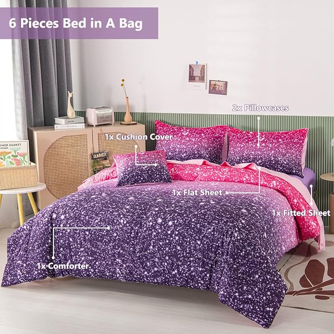PERFEMET Purple Comforter Set Full Size - 6Pcs Colorful Rainbow Girls Bedding Set - Sparkly Pastel Ombre Bed in A Bag - (1 Comforter, 1 Flat Sheet, 1 Fitted Sheet, 2 Pillowcases, 1 Cushion Cover) - LeafyLoom