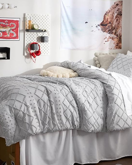 Bedsure Twin/Twin XL Comforter Set - Light Grey Boho Twin Extra Long Comforter Set for College, Shabby Chic Dorm Bedding Set, 2 Pieces Modern Farmhouse Bed Set, includes 1 Pillow Sham - LeafyLoom