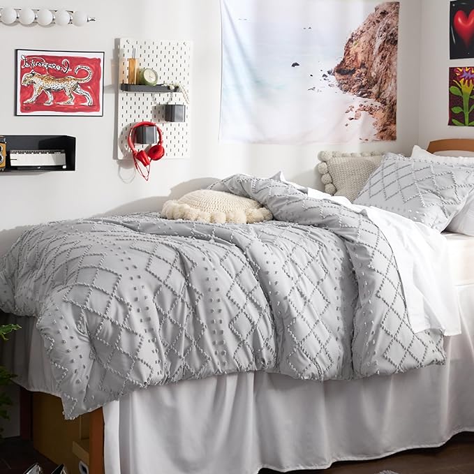 Bedsure Twin/Twin XL Comforter Set - Light Grey Boho Twin Extra Long Comforter Set for College, Shabby Chic Dorm Bedding Set, 2 Pieces Modern Farmhouse Bed Set, includes 1 Pillow Sham - LeafyLoom