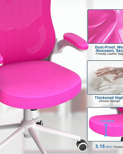 𝑯𝑶𝑴𝑬 𝑶𝑭𝑭𝑰𝑪𝑬 𝑪𝑯𝑨𝑰𝑹, Ergonomic Mesh Desk Chair, High Back Computer Chair- Adjustable Headrest with Flip-Up Arms, Lumbar Support, Swivel Executive Task Chair (Modern, Neon Pink) - LeafyLoom