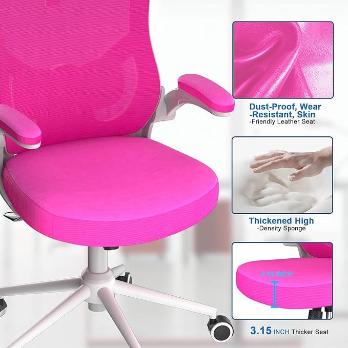 𝑯𝑶𝑴𝑬 𝑶𝑭𝑭𝑰𝑪𝑬 𝑪𝑯𝑨𝑰𝑹, Ergonomic Mesh Desk Chair, High Back Computer Chair- Adjustable Headrest with Flip-Up Arms, Lumbar Support, Swivel Executive Task Chair (Modern, Neon Pink) - LeafyLoom