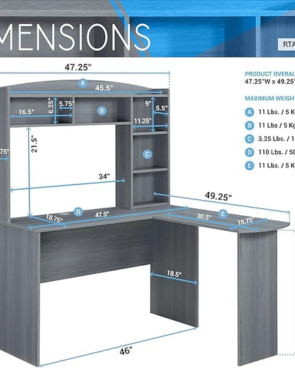 Techni Mobili Modern Hutch L-Shaped Computer Desk, Grey - LeafyLoom