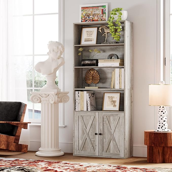 IRONCK Industrial Bookshelves and Bookcases with Doors Floor Standing 6 Shelf Display Storage Shelves 70 in Tall Bookcase for Home Office, Living Room - LeafyLoom