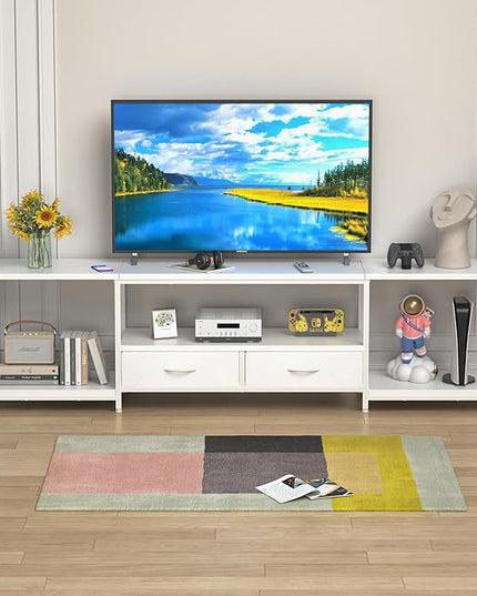 TV Stand with Fabric Drawer for 65 70 75 Inches TV - Entertainment Center and Industrial TV Console Table with Open Storage Shelves for Living Room, Bedroom - 63" White - LeafyLoom