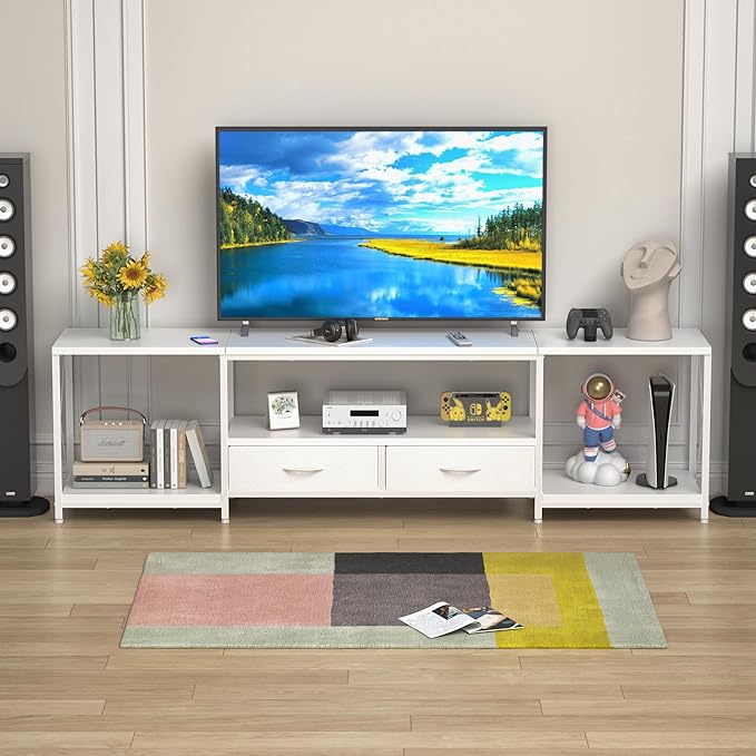 TV Stand with Fabric Drawer for 65 70 75 Inches TV - Entertainment Center and Industrial TV Console Table with Open Storage Shelves for Living Room, Bedroom - 63" White - LeafyLoom