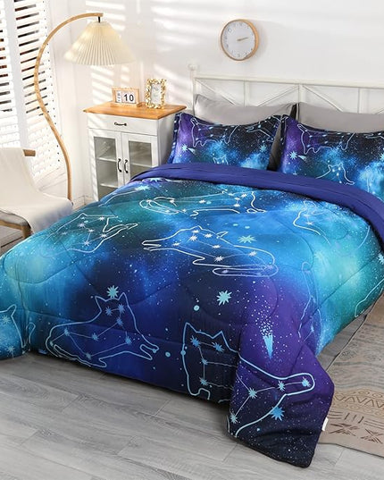 Wowelife 5 Piece Galaxy Space Cat Bedding Comforter Set Queen Constellation Bedding Set Blue Kids Bedding Set Bed in a Bag for Boys and Girls with Comforter, Flat Sheet, Fitted Sheet and 2 Pillowcases - LeafyLoom