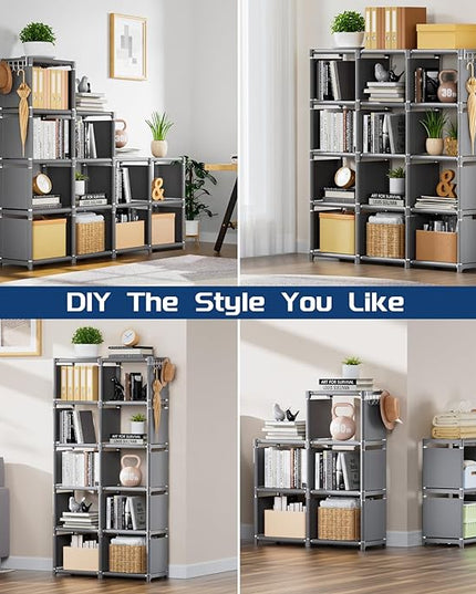 Mavivegue Book Shelf, 12 Cube Storage Organizer, DIY Bookcase, Metal Cube Bookshelf,Tall Book case for Bedroom, Living Room,Office,Closet Storage Organizer, Grey Cubicle Storage Rack - LeafyLoom