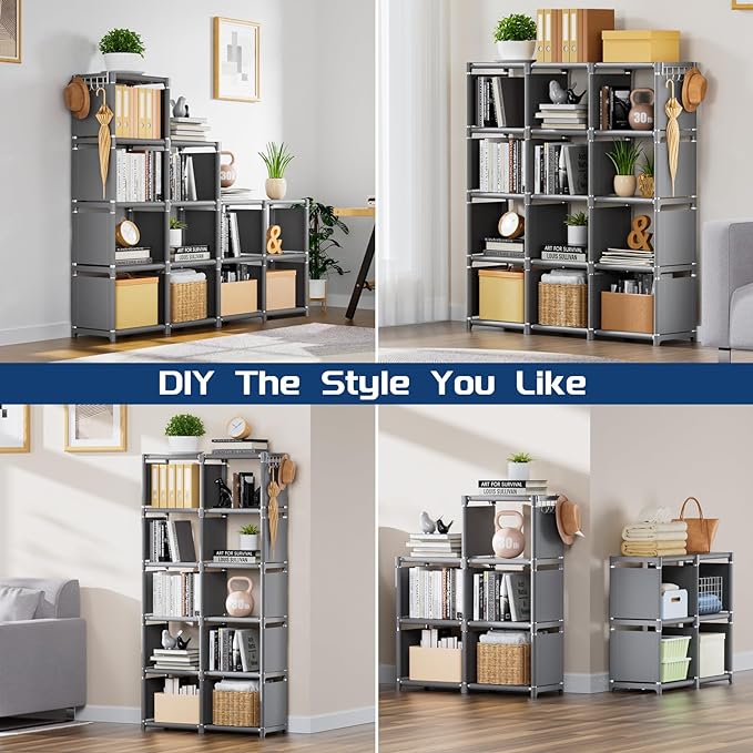 Mavivegue Book Shelf, 12 Cube Storage Organizer, DIY Bookcase, Metal Cube Bookshelf,Tall Book case for Bedroom, Living Room,Office,Closet Storage Organizer, Grey Cubicle Storage Rack - LeafyLoom