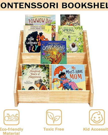 5 Tier Montessori Bookshelf Solid Wood, Nursery Bookcase, Toddler Book Display Shelf for Toddler, 17" Height - LeafyLoom