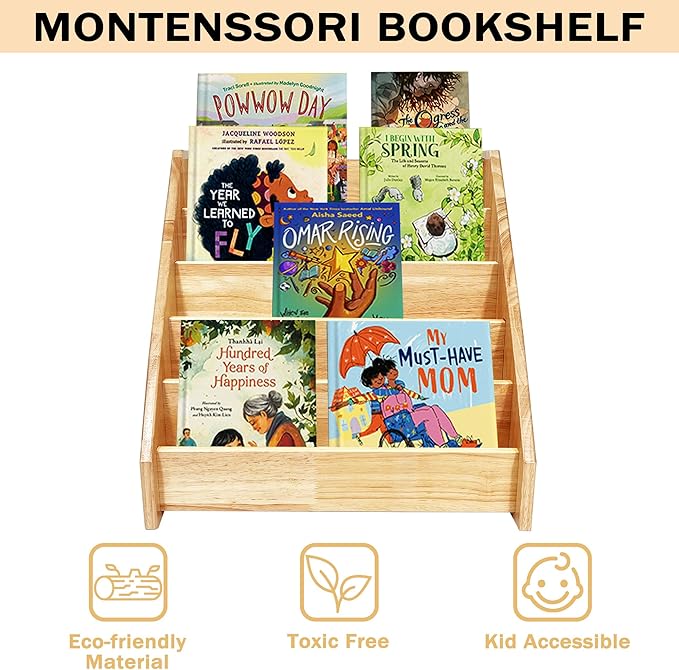 5 Tier Montessori Bookshelf Solid Wood, Nursery Bookcase, Toddler Book Display Shelf for Toddler, 17" Height - LeafyLoom