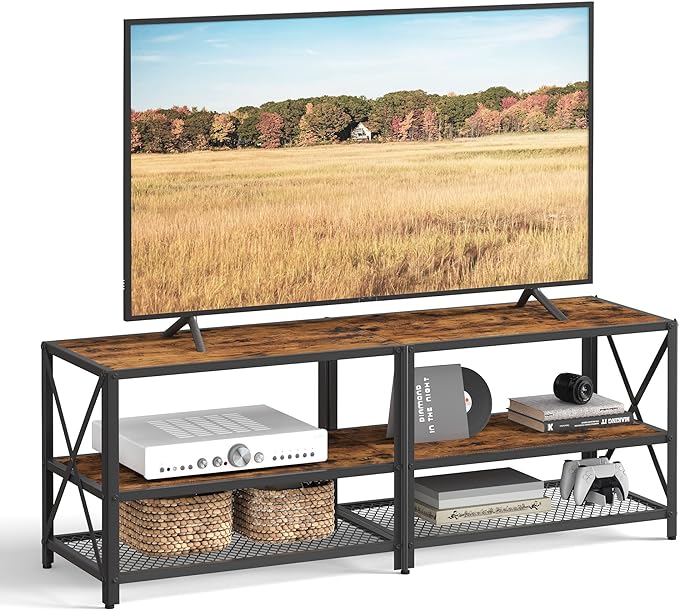 VASAGLE TV Stand, TV Console for TVs Up to 65 Inches, TV Table, 55.1 Inches Width, TV Cabinet with Storage Shelves, Steel Frame, for Living Room, Bedroom, Rustic Brown and Black ULTV094B01 - LeafyLoom