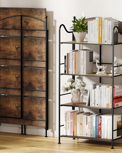 Folding Bookshelf No Assembly, 4 Shelf Black Folding Bookcase with Sturdy Metal Frame, Vintage Open Standing Collapsible Shelves for Bedroom, Living Room, Home Office Organization - LeafyLoom