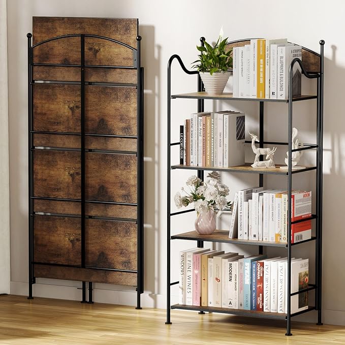 Folding Bookshelf No Assembly, 4 Shelf Black Folding Bookcase with Sturdy Metal Frame, Vintage Open Standing Collapsible Shelves for Bedroom, Living Room, Home Office Organization - LeafyLoom