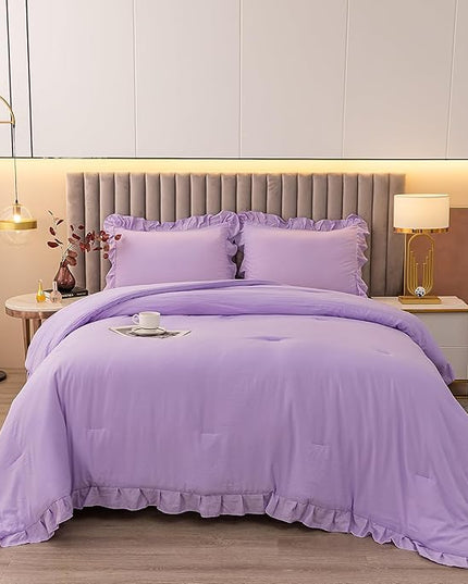Andency Lavender Twin Size Comforter(66x90Inch), 2 Pieces(1 Ruffle Comforter and 1 Pillowcase) Solid Farmhouse Shabby Chic Comforter, Lighteweight and Soft Microfiber Bedding Set - LeafyLoom