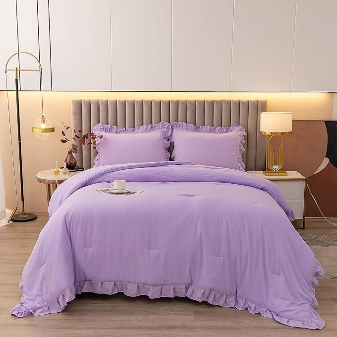 Andency Lavender Twin Size Comforter(66x90Inch), 2 Pieces(1 Ruffle Comforter and 1 Pillowcase) Solid Farmhouse Shabby Chic Comforter, Lighteweight and Soft Microfiber Bedding Set - LeafyLoom